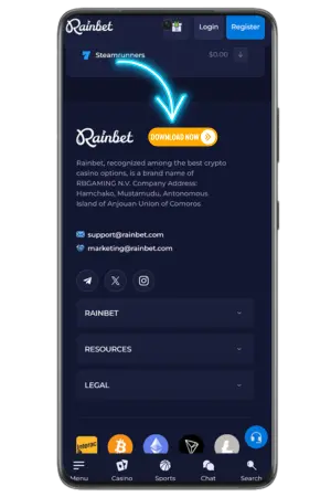 Rainbet Android APK download button interface