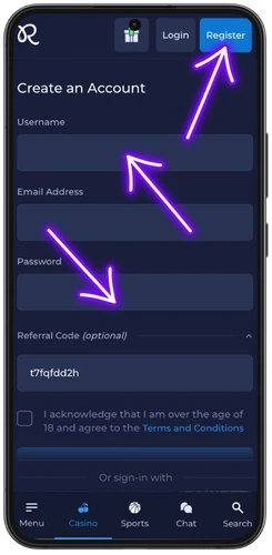 sign up form on Rainbet